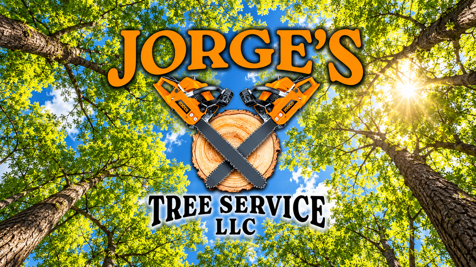 Jorge’s Tree Service LLC logo with crossed orange chainsaws beneath a sunlit green tree canopy